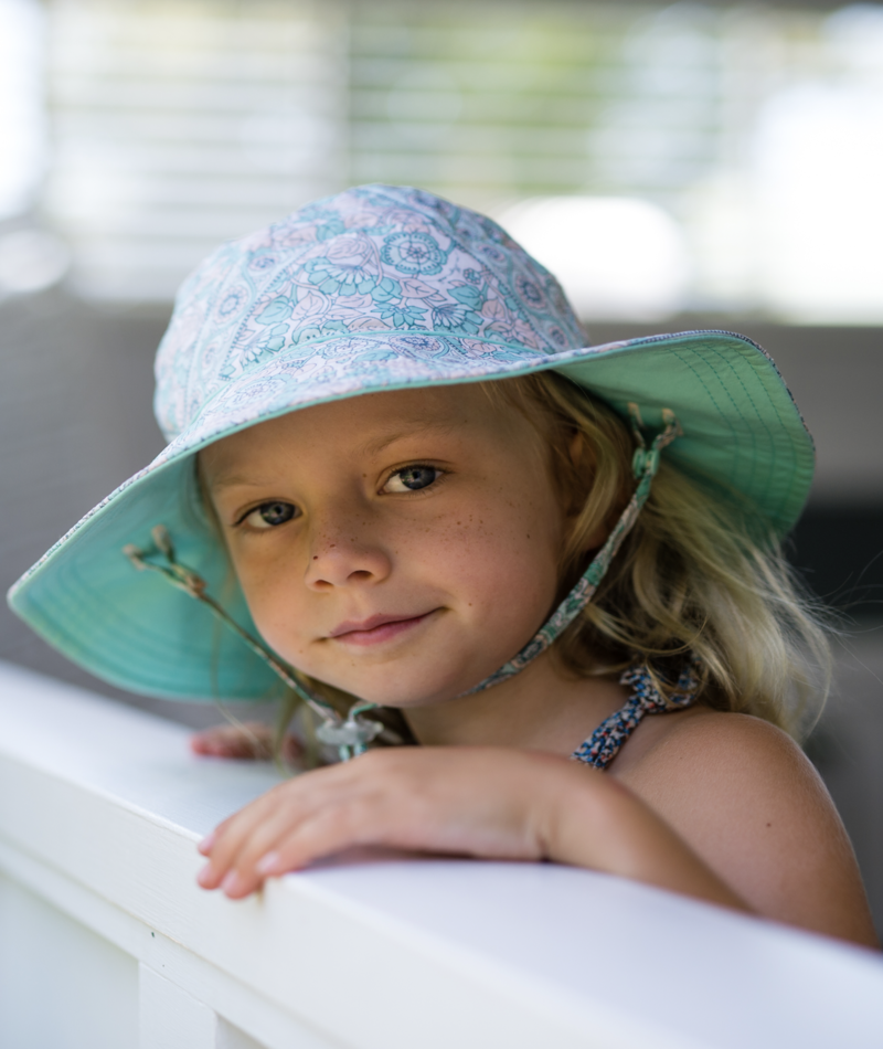 Millymook Girls Wide Brim Bucket Hat - Mint Green Vintage Pattern - Liliana